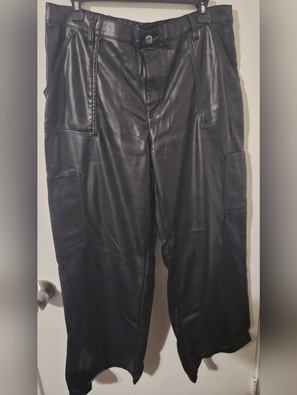 No Boundaries Women's Black Faux Leather Cargo Pants